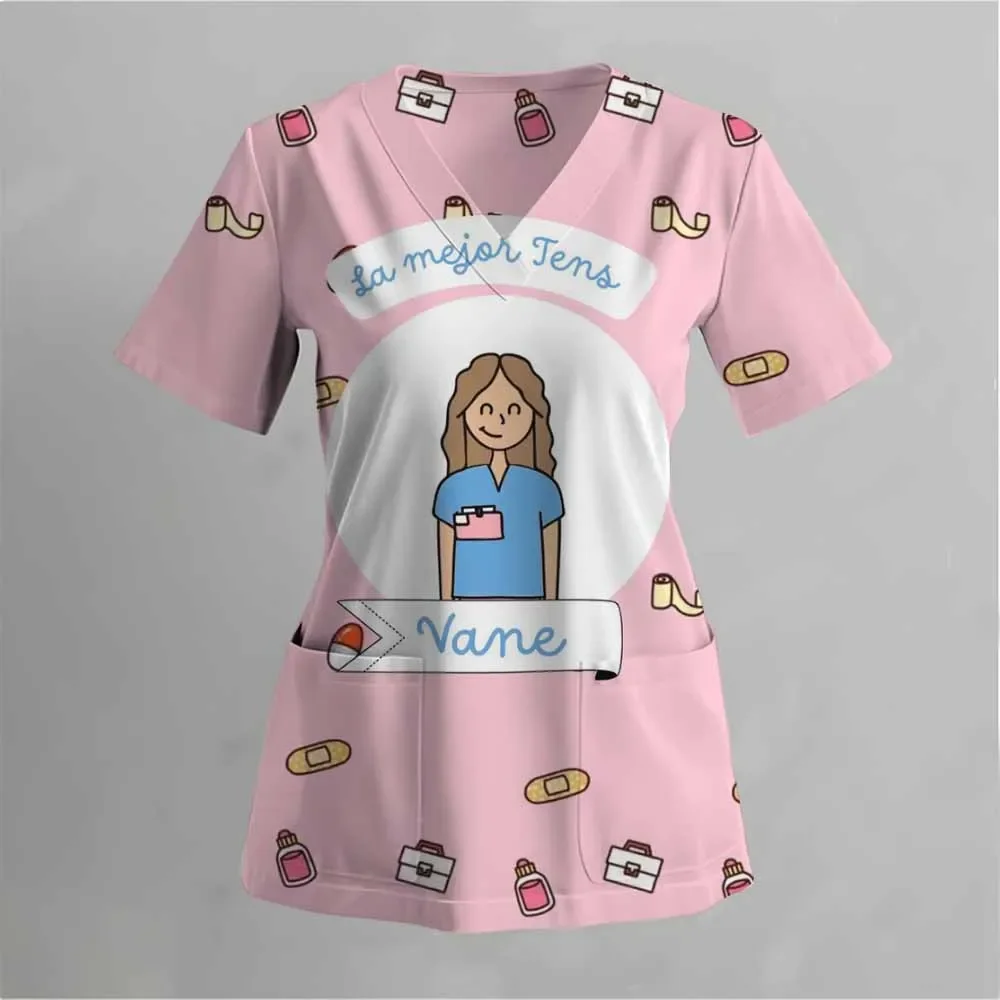 ملابس عمل للعناية بالحيوانات الأليفة مطبوعة برسوم كارتونية، بلوزة نسائية بأكمام قصيرة ورقبة على شكل حرف V، قميص جراحي للسيدات، تي شيرت طبي للممرضة