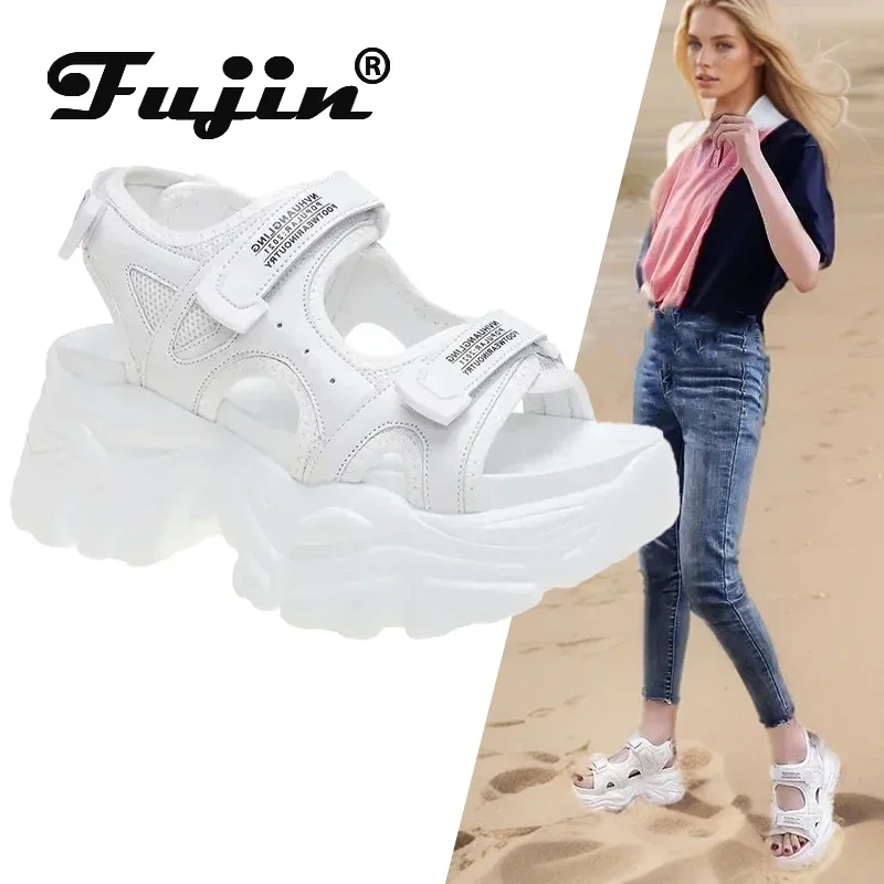 Fujin 8cm sandały damskie platforma gruba podeszwa masywne buty platforma Ins w stylu casual, letnia buty sandały beżowe czarne wygodne