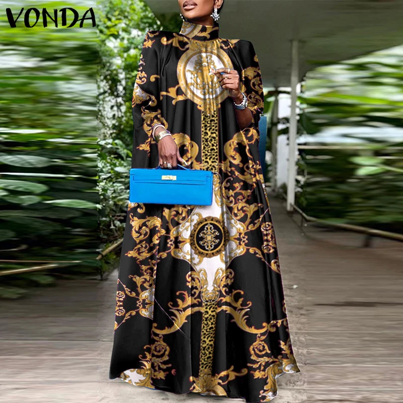 Plus Size 5XL VONDA Women Party Sundress Bohemian Stand Collar Sleeveless Print Maxi Dress Casual Bat Sleeve Satin Long Vestidos