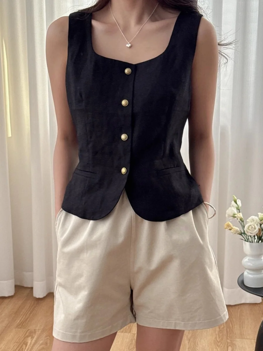 

Ele Design Summer Casual irt Collar Single Button Vest Tank Top Faionable Commute Polyester Fiber 8-24 Years Old