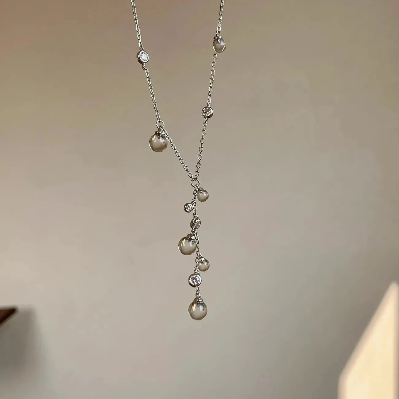 Stainless Steel Bead Long Tassel Pendant Water Drops Crystal Necklace 18 K PVD Plated Metal Collar Fashion Jewelry Gift