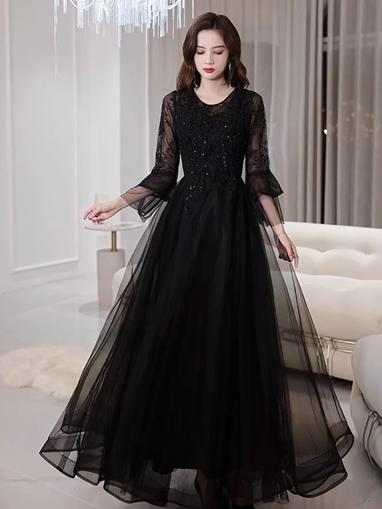Damska Czarna Sukienka Wieczorowa Letnia Nowa Elegancka Koronkowa Sukienka z Półrękawami z Siateczki na Imprezę Lekka Luksusowa Sukienka na Bal z Dekoltem O-Neck w Kształcie Litery A