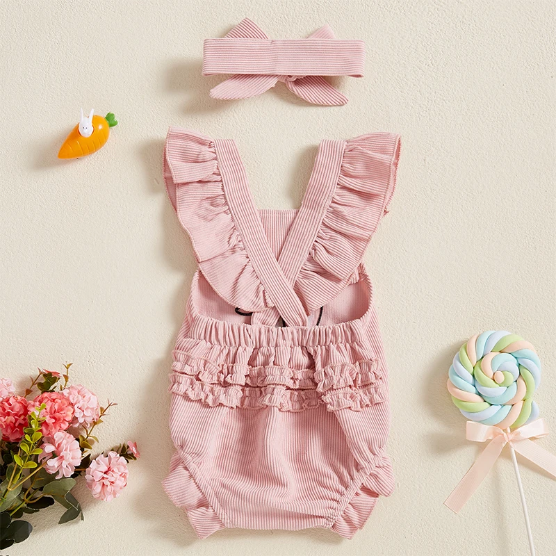 Newborn Baby Girls Rompers Baby Girl Clothes Spring Embroidery Rabbit Fly Sleeve Jumpsuits Hairband Set Baby Clothing