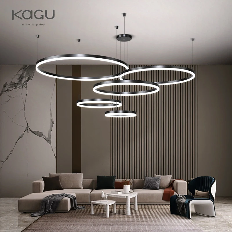 Minimalistische Moderne Led Kroonluchter Home Verlichting Geborsteld Ringen Plafond Kroonluchter Verlichting Opknoping Lamp Goud & Zwart