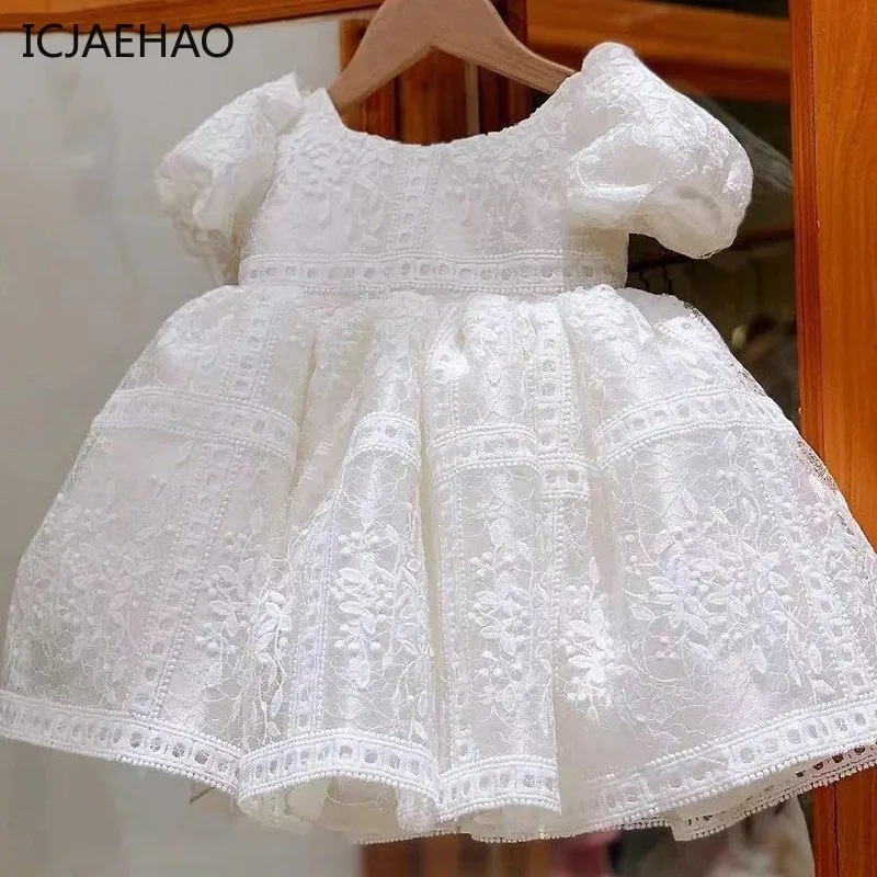 ICJAEHAO Baby Girl Dress Baptism Party for Summer 1-5 Years Hollow Lace Princess Children Wedding Birthday Cotton Ball Gown