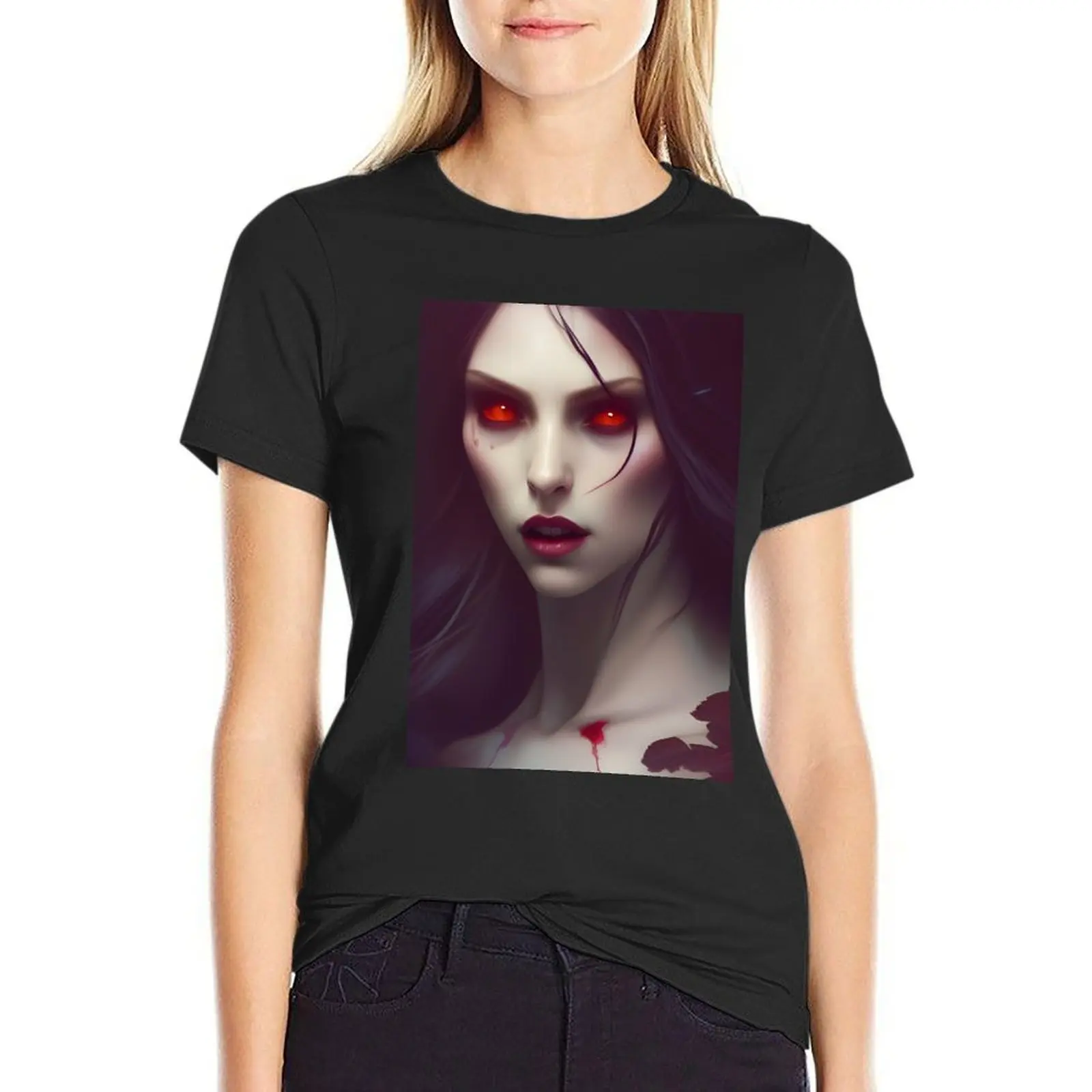 

Vampire Red Eyes Alluring Dark Beautiful Artwork T-Shirt summer clothes plus size tops t shirts for Women graphic