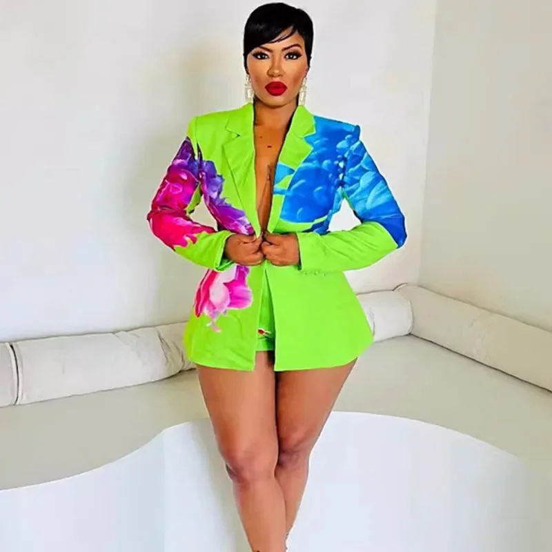 Floral Print 2 Piece Sets Women Outfit Y2K Clothes Elegant Blazer Coat and Short Suits Club Party Matching Sets Conjuntos Curtos