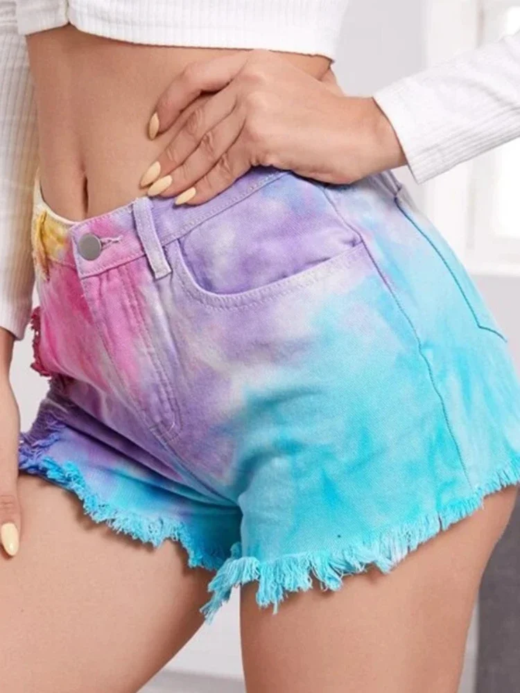 2025 Spring Summer Ripped Jeans for Women Clothing European and American Mid-waist Tie Dyed Loose Women Denim Shorts Pants