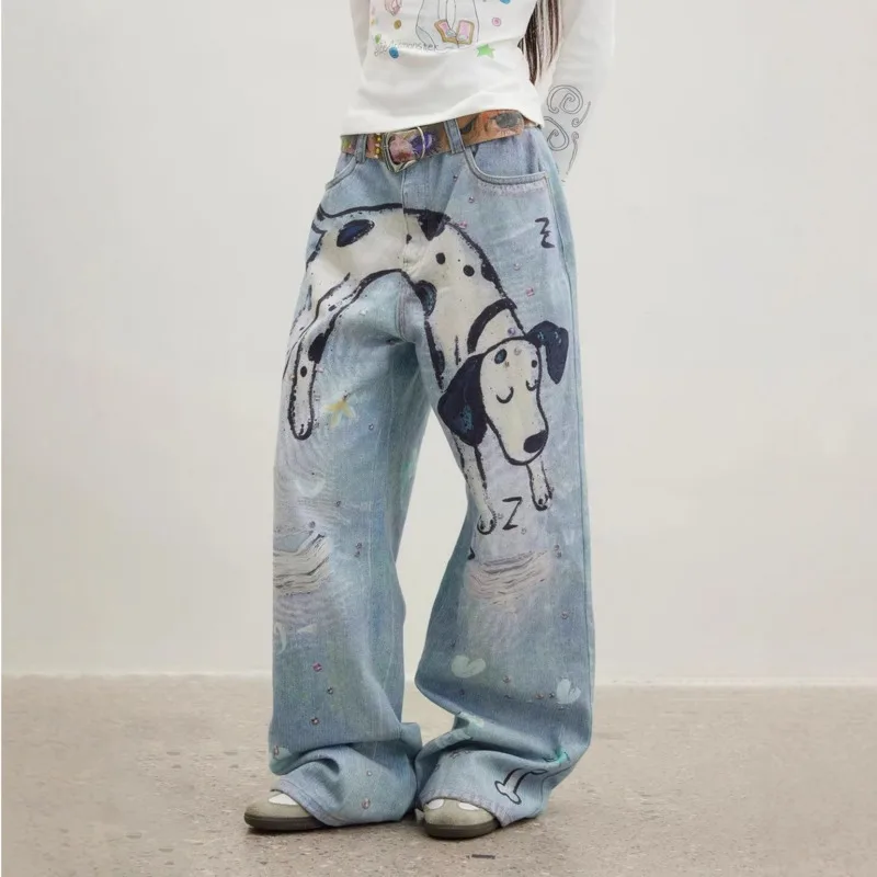 

New Cartoon Print Jeans Spring Women Personality High Street Wide-Leg Long Pants Stylish Design Straight Leg Floor Length Jeans
