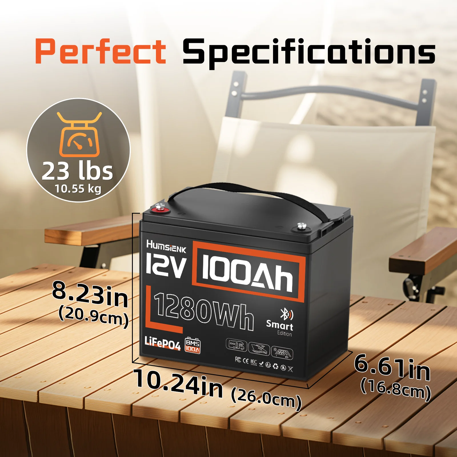 Humsienk Smart BlueTooth LiFePO4 12V100Ah Lithium Battery Packs Grade A+ Cell Built-in 100A BMS For RV Camping  Marine Golf Cart