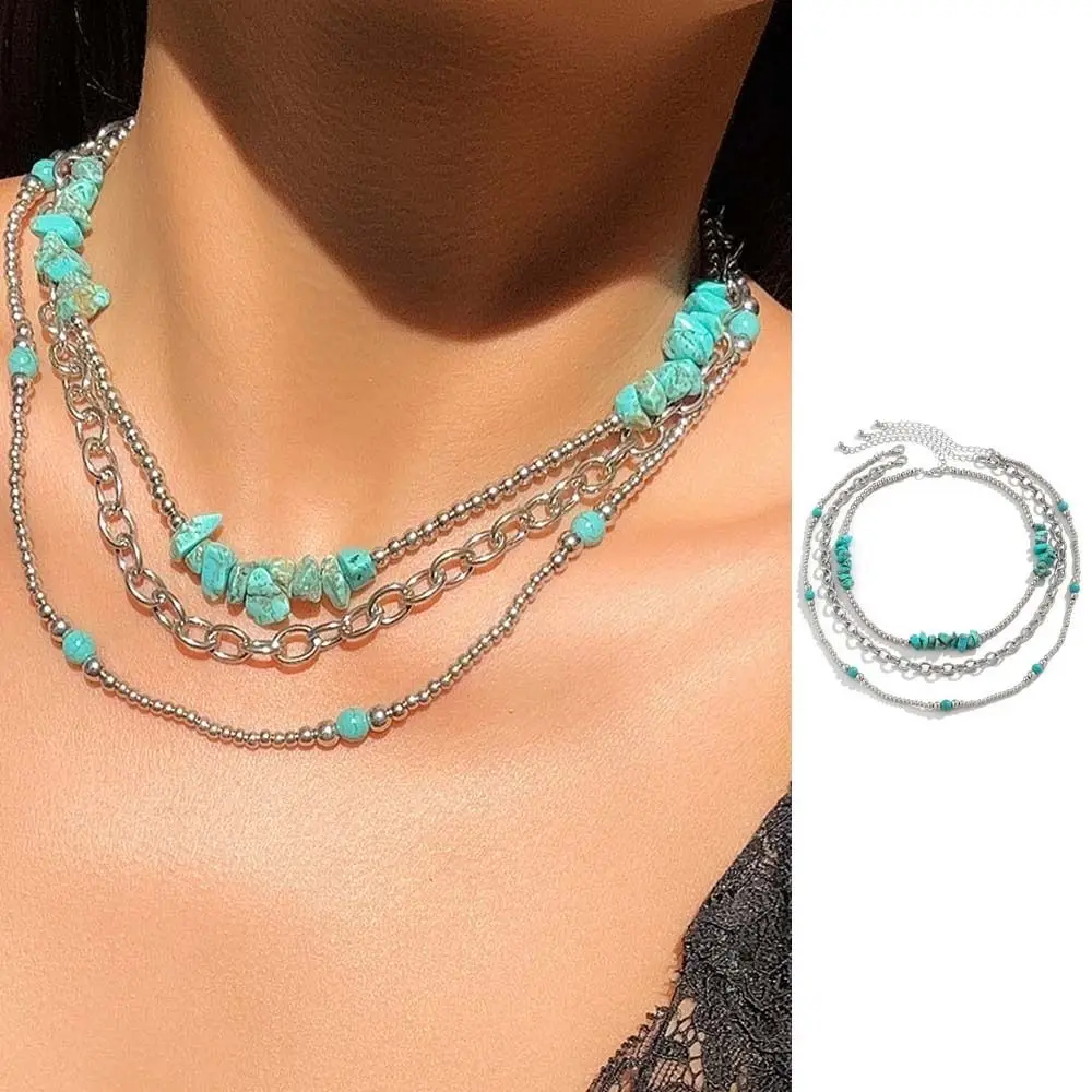 3pcs/set Beads Western Country Necklaces Ethnic Style Trendy Multilayer Turquoise Chain Clavicle Chain Versatile