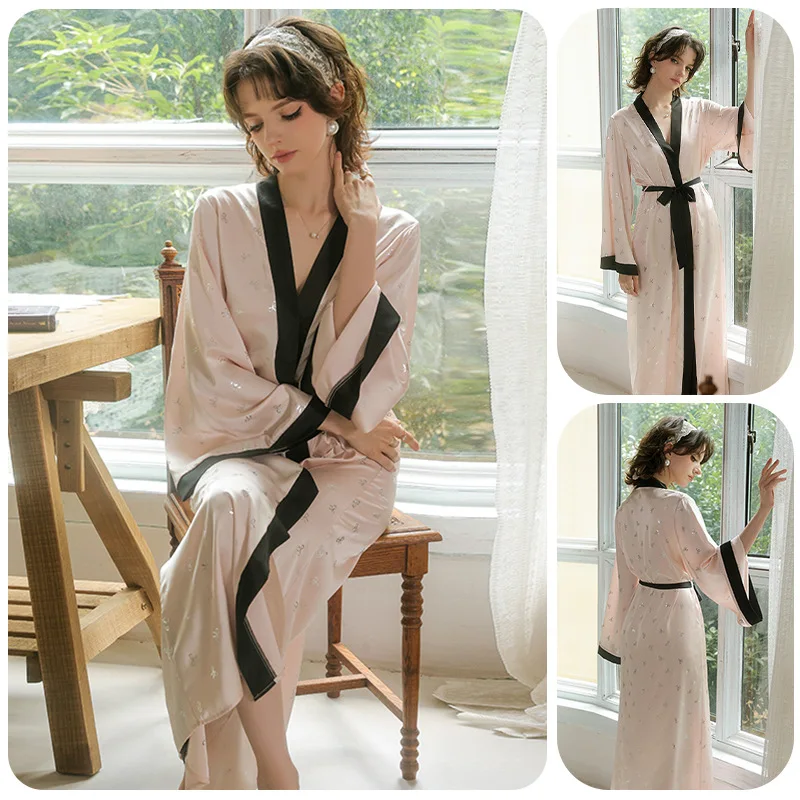 

French Retro Simulation Silk Contrasting Long Silver Bow Printed Nightgown for Women's Home Wear and Morning Gown