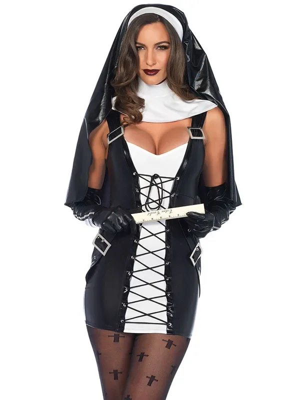 

Sexy Nun Costume Three-Piece Wetlook Lace Up Dress Costume