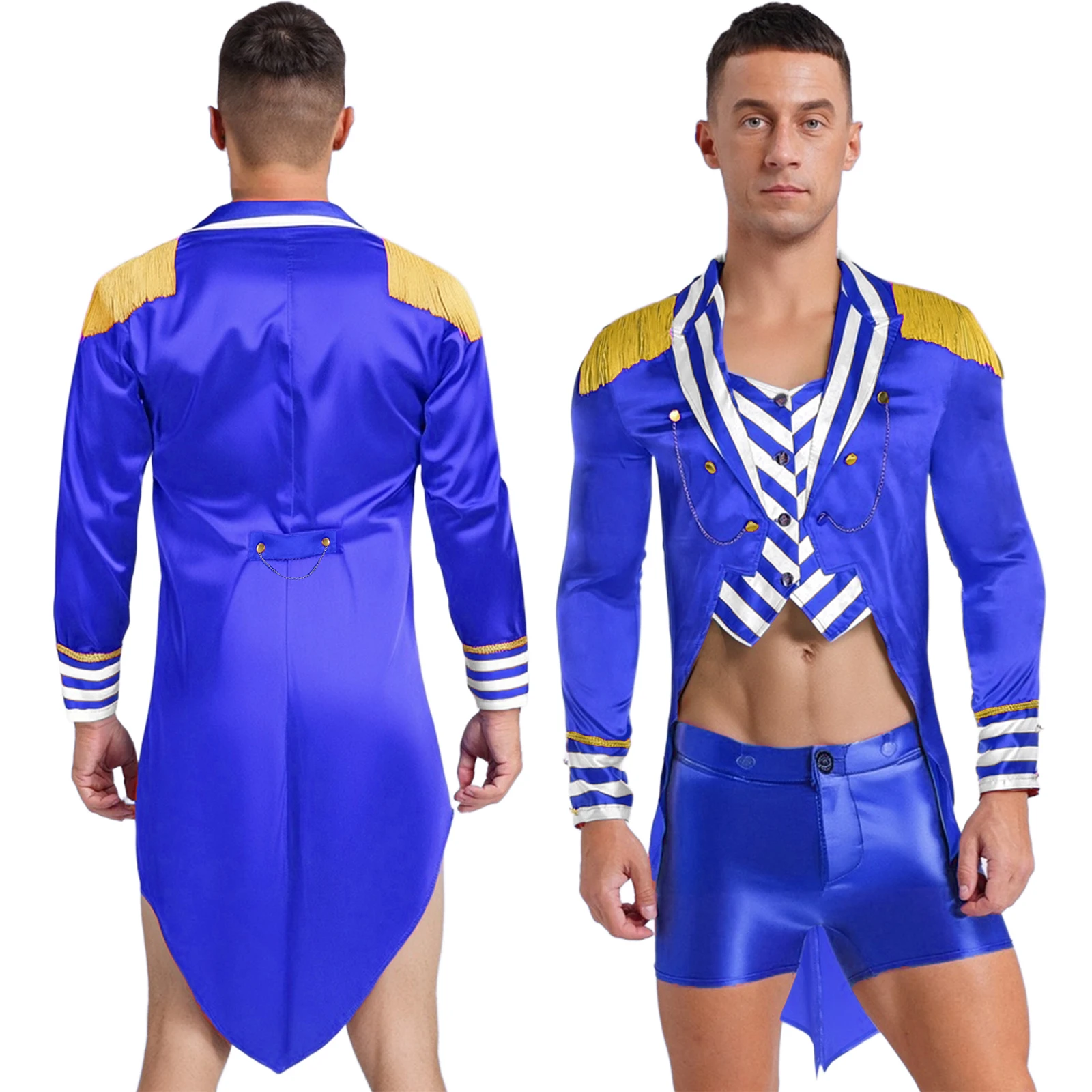 

Mens Circus Ringmaster Cosplay Costume Long Sleeve Satin Master Jacket Halloween Magician Lion Tamer Dress Up Tailcoat Outfits
