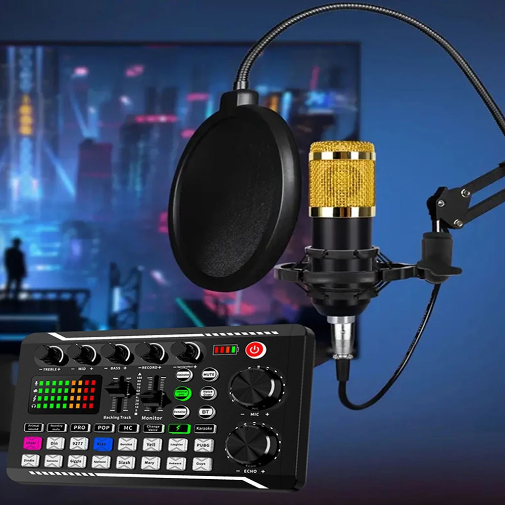

F998 Live Sound Card Wireless Bluetooth DJ Device Live Broadcast Sound Card with RGB Colorful Buttons BM-800 Microphone Sound Ca