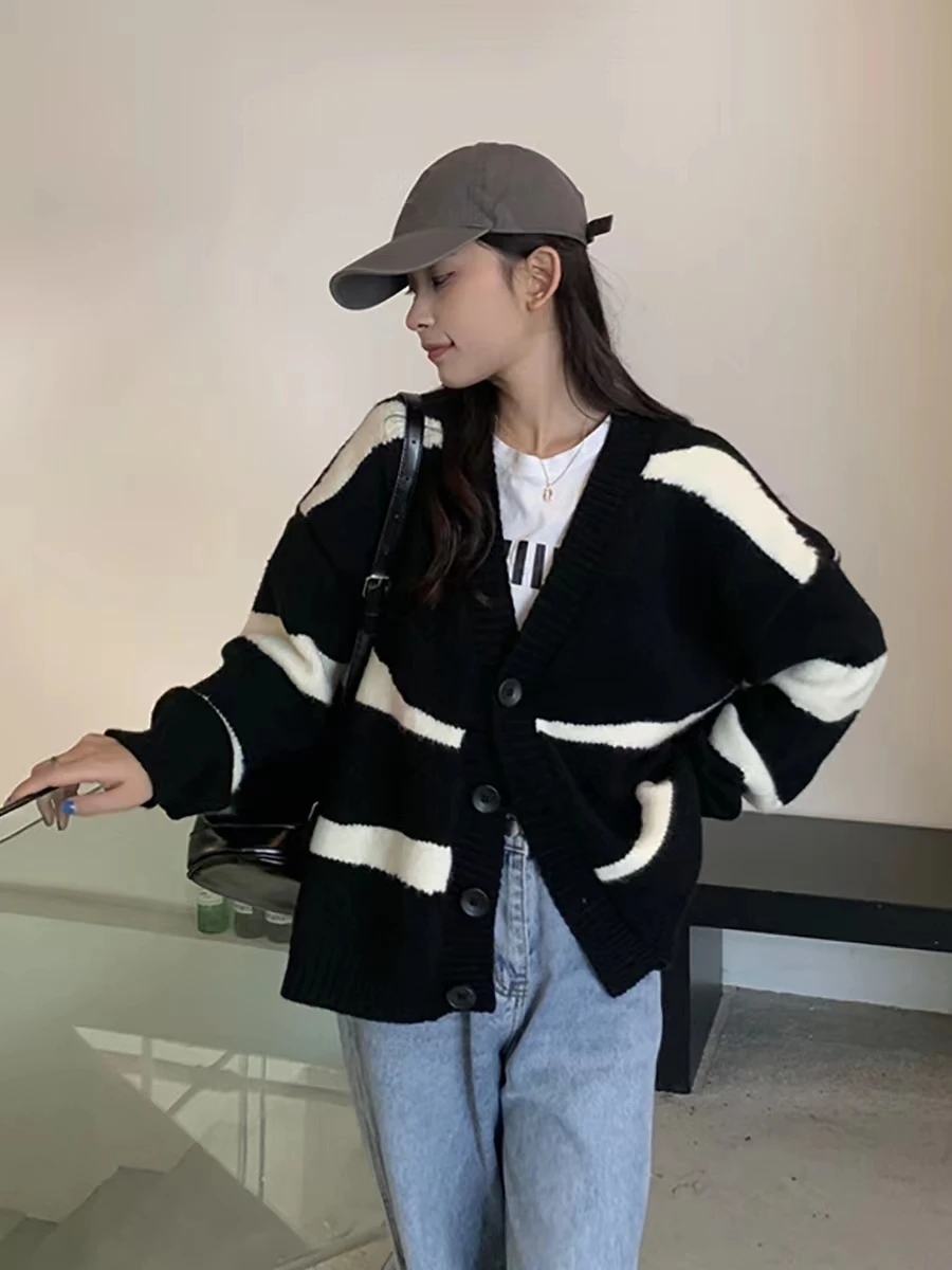 

Женский вязаный свитер, пальто, свободный ленивый полосатый универсальный простой топ, модный длинный кардиган с v-образным вырезом, осенняя мода