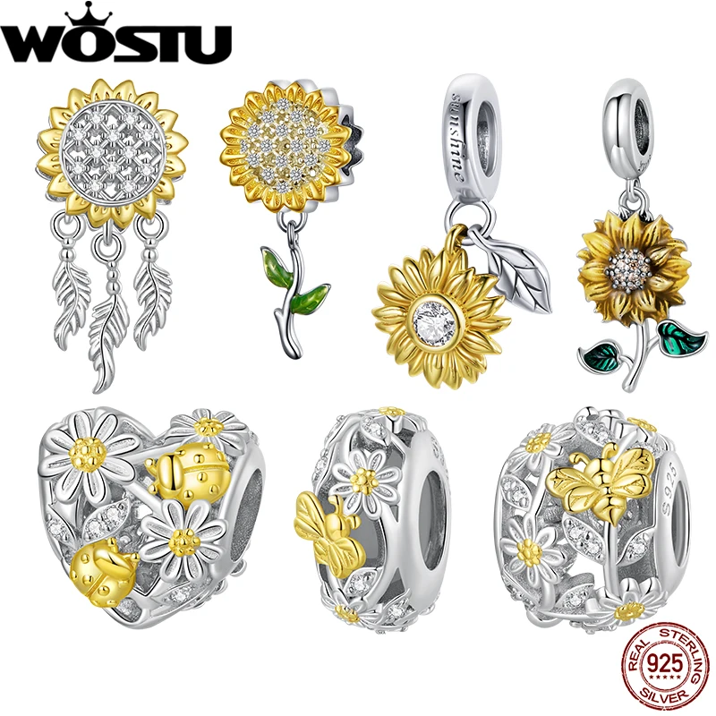 

WOSTU 925 Sterling Silver Daisy & Ladybird Bead Bee-Silicone Bead Sunflower Charms for Women Fit Bracelet Necklace Jewelry Gift