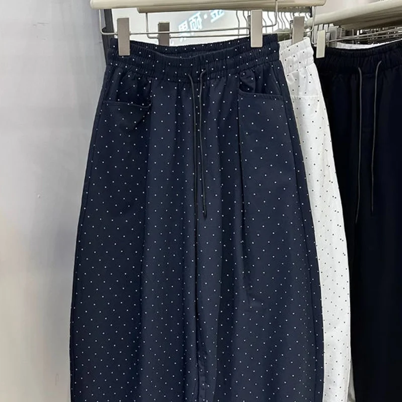 Pantalones de pierna ancha de lunares de gran tamaño para mujer Primavera Verano pantalones finos de cintura alta con cordón Casual rectos pantalones de cintura elástica para mujer