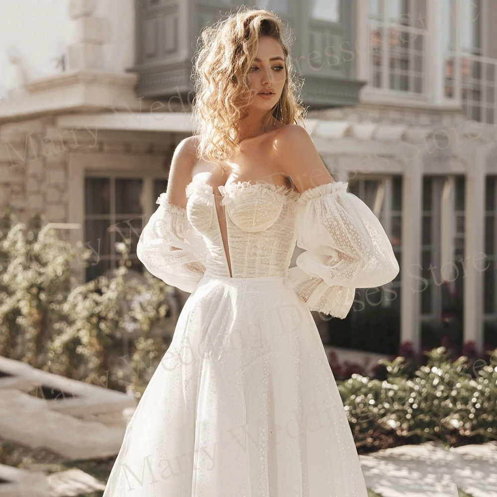 Vestido De novia brillante con escote corazón, De línea A traje De novia, manga abombada, Espalda descubierta, largo hasta el suelo