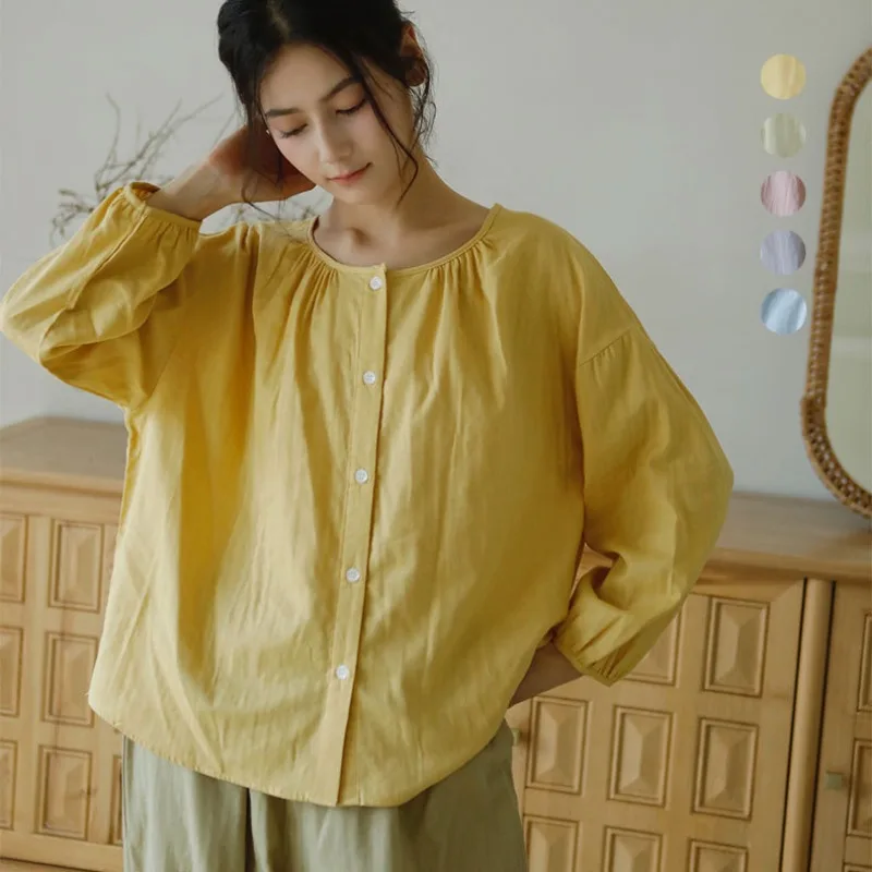 

100% Cotton Casual Loungewear Women Long Sleeve Loose Sleep Shirts Tops Solid Color Pants Double Cotton Gauze Breathable Pajamas