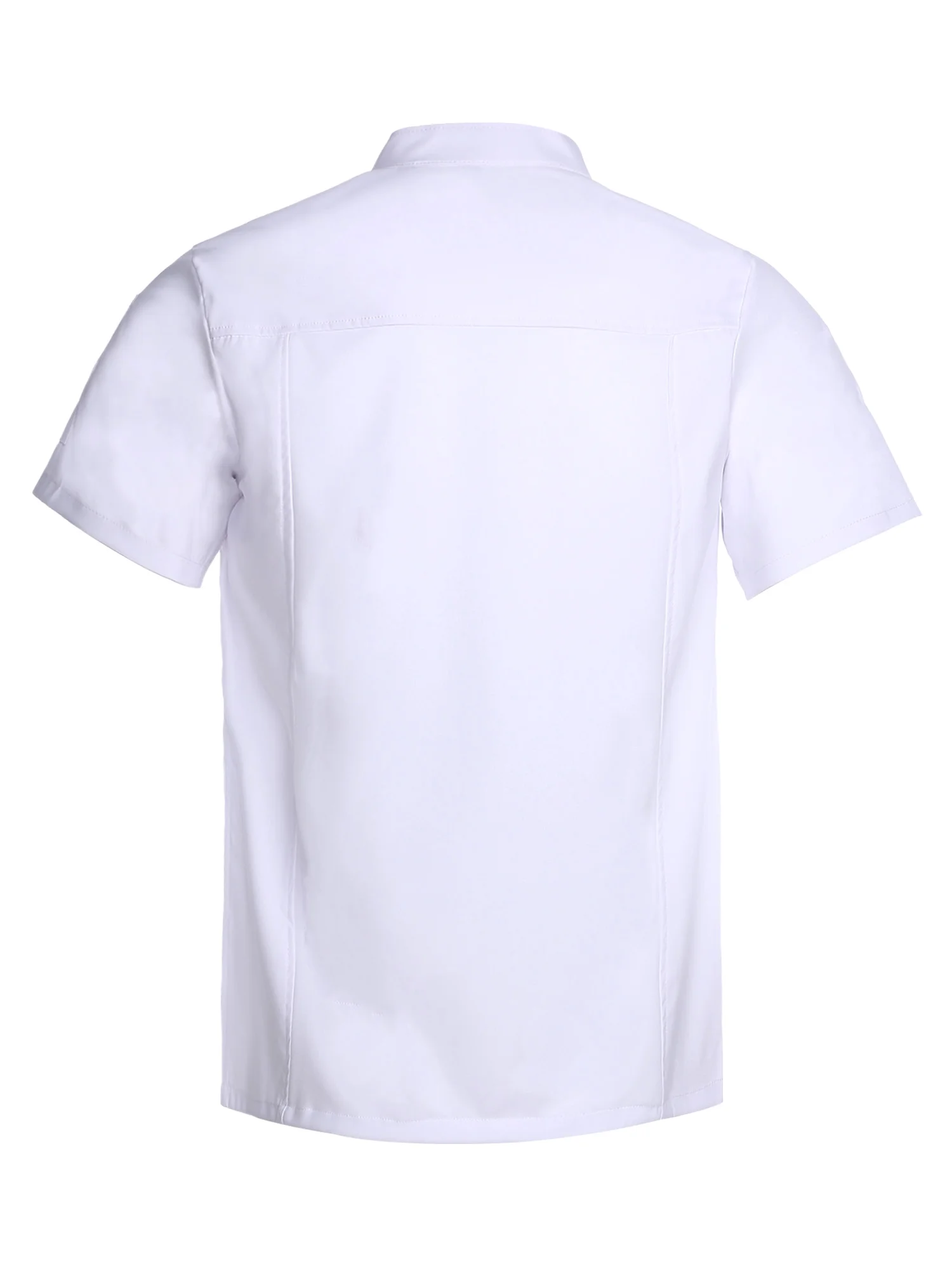Men Women Cooking Chef Coat Kitchen Uniform Jacket Stand Collar Short Sleeve Press Button Shirt for Restaurant Hotel Cafe Bakery