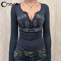 CIBBAR Vintage Letter Print Crop Top Women Retro Grunge Button V Neck Full Sleeve T Shirt Autumn Winter Basic Tee Femme Clothing