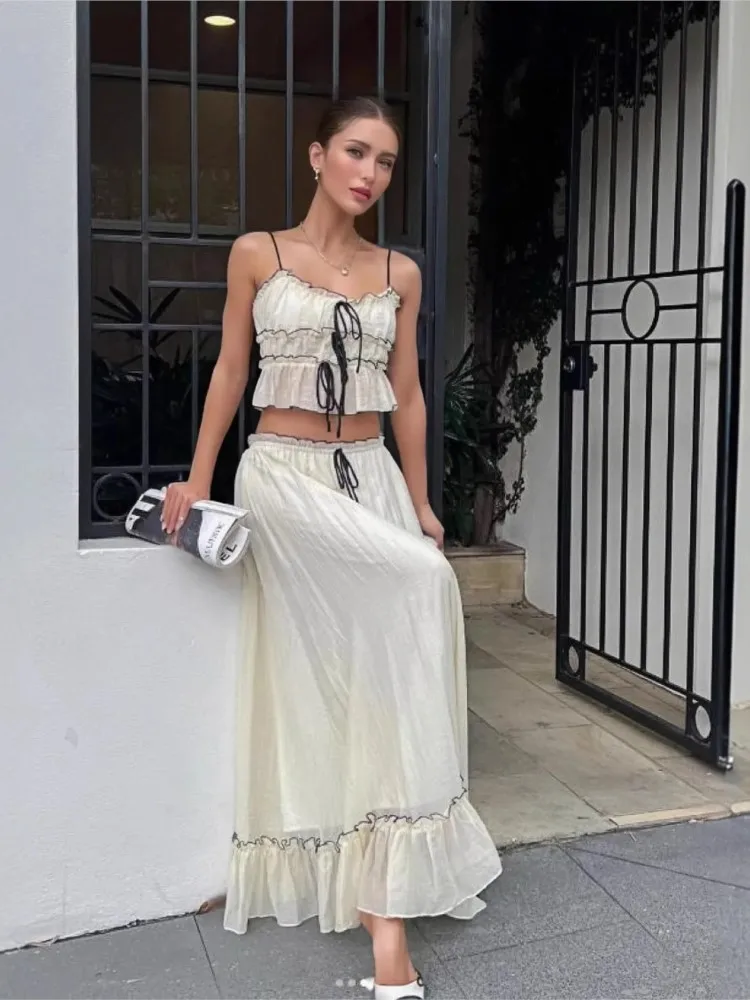 

2026 Woman 2 Piece Set Outfit Summer Suspender Bow Top Long Skirt Contrast Sleeveless Two Piece Outfits Loose Temperament Trendy