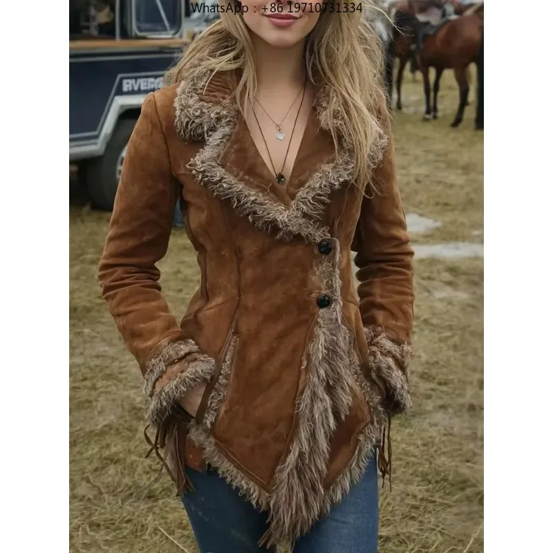 Women Western Suede Coat Faux Fur Collar Pockets Autumn Winter Windproof Slim Fit Outerwear