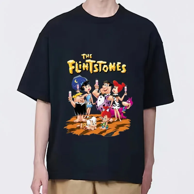 Cartoon T-The Flintstones T Shirt Men Couple Combination Clothes Short Sleeve Collar Fashion woman Cotton