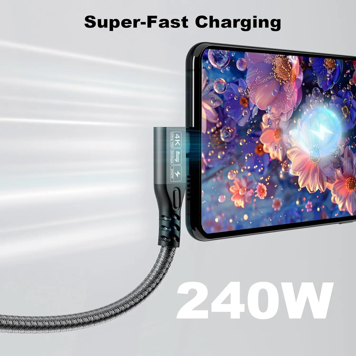 كابل USB C إلى USB C 3.2 ذكر Gen2 × 2 كابل شحن من النوع C، نقل البيانات بسرعة 20 جيجابت في الثانية، كابل شحن سريع 240 وات 48 فولت/5 أمبير، 4 ك