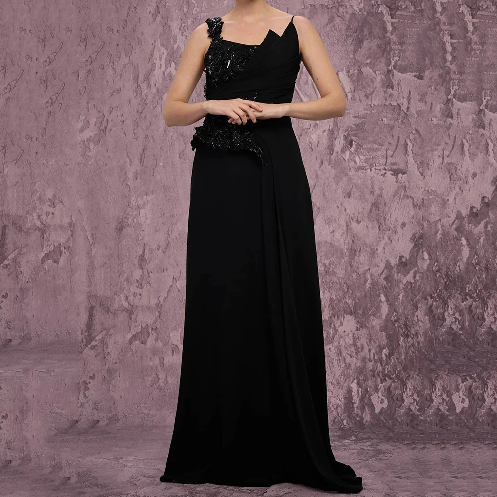 

Women's A-line Evening Dresses Floor-length Spaghetti Strap Sleeveless Prom Gown Fashion Sequined Flowers Draped Customized Gown