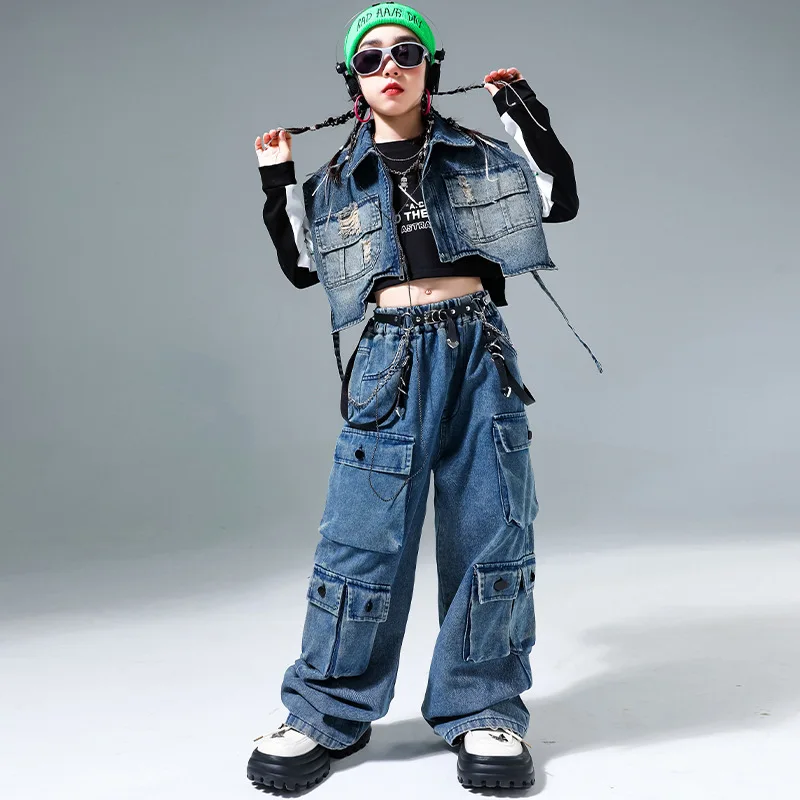 Girls Hip Hop Cool Denim Vest Cropped Top Jeans Boys Jazz Street Dance Cargo Pants Children Clothes Sets Kids Streetwear Costume