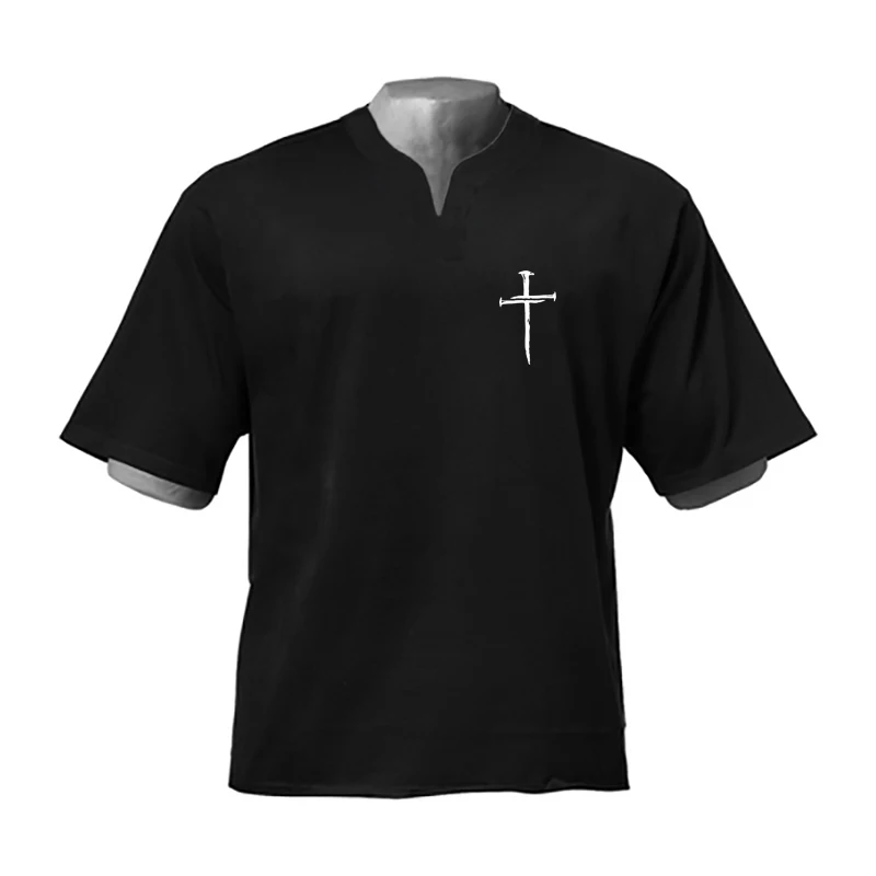 Gym Bodybuilding Cotton Clothing Personalized Cross Print Oversized Short Sleeve Shirts Summer Loose Mens Fitness Sport T-Shirts