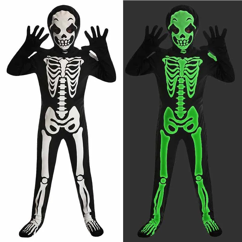 Halloween Kids Scary Costumes Glow In The Dark Printed Skeleton Ghost Jumpsuit Children Carnival Party Spooky Horror Jumpsuit