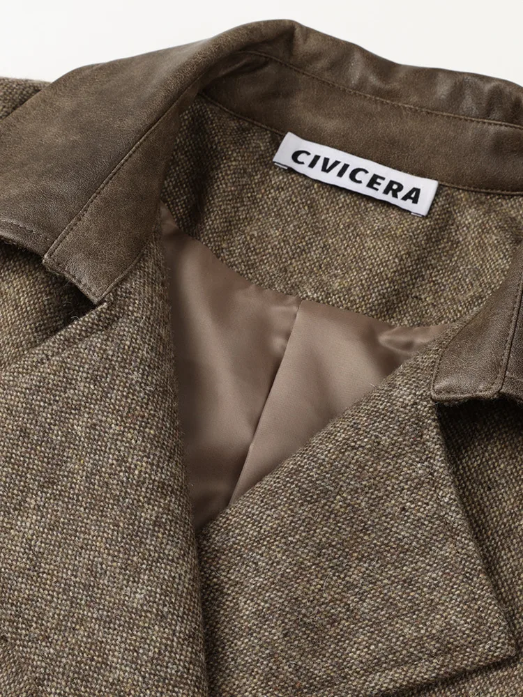 ZMEENNA Kurzer, zweireihiger Erbsenmantel aus braunem Tweed für Damen mit kontrastierendem Wildlederkragen, Gürtelmanschettendetail, Oberbekleidung ZM4259