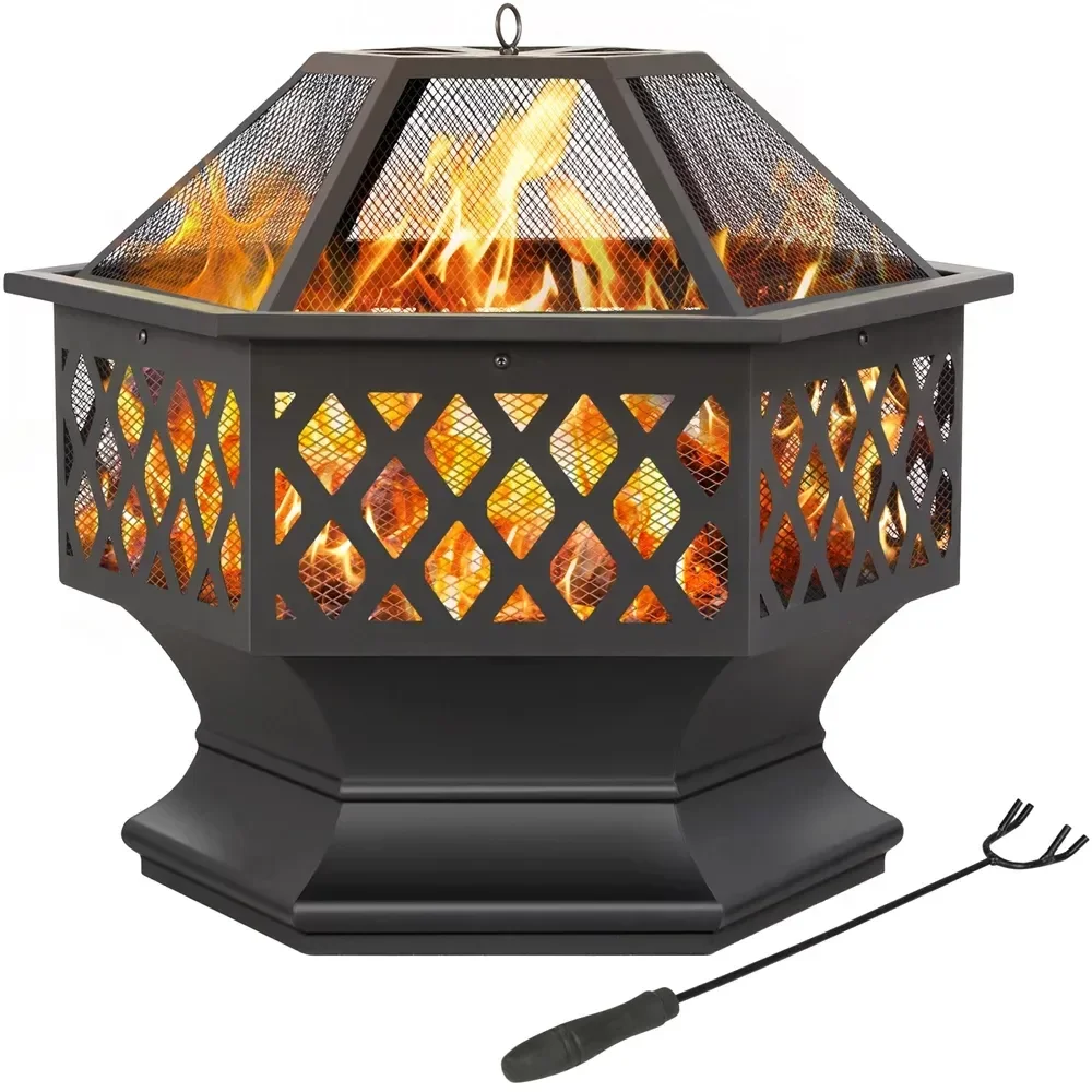 

Heavy Duty Metal Fire Pit Hexagon Stove with Poker for Outdoor, Black