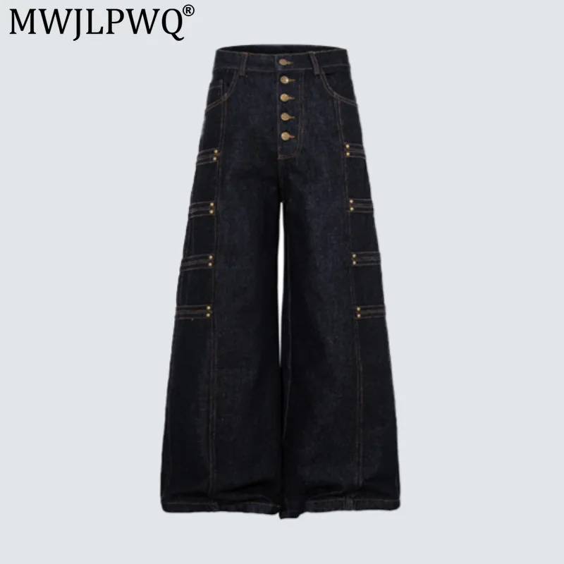 MWJLPWQ American-Style Deconstructed Wide-Leg Jeans Men's Tide Multiple Buttons Stitching Design Spring Autumn Trousers 21428