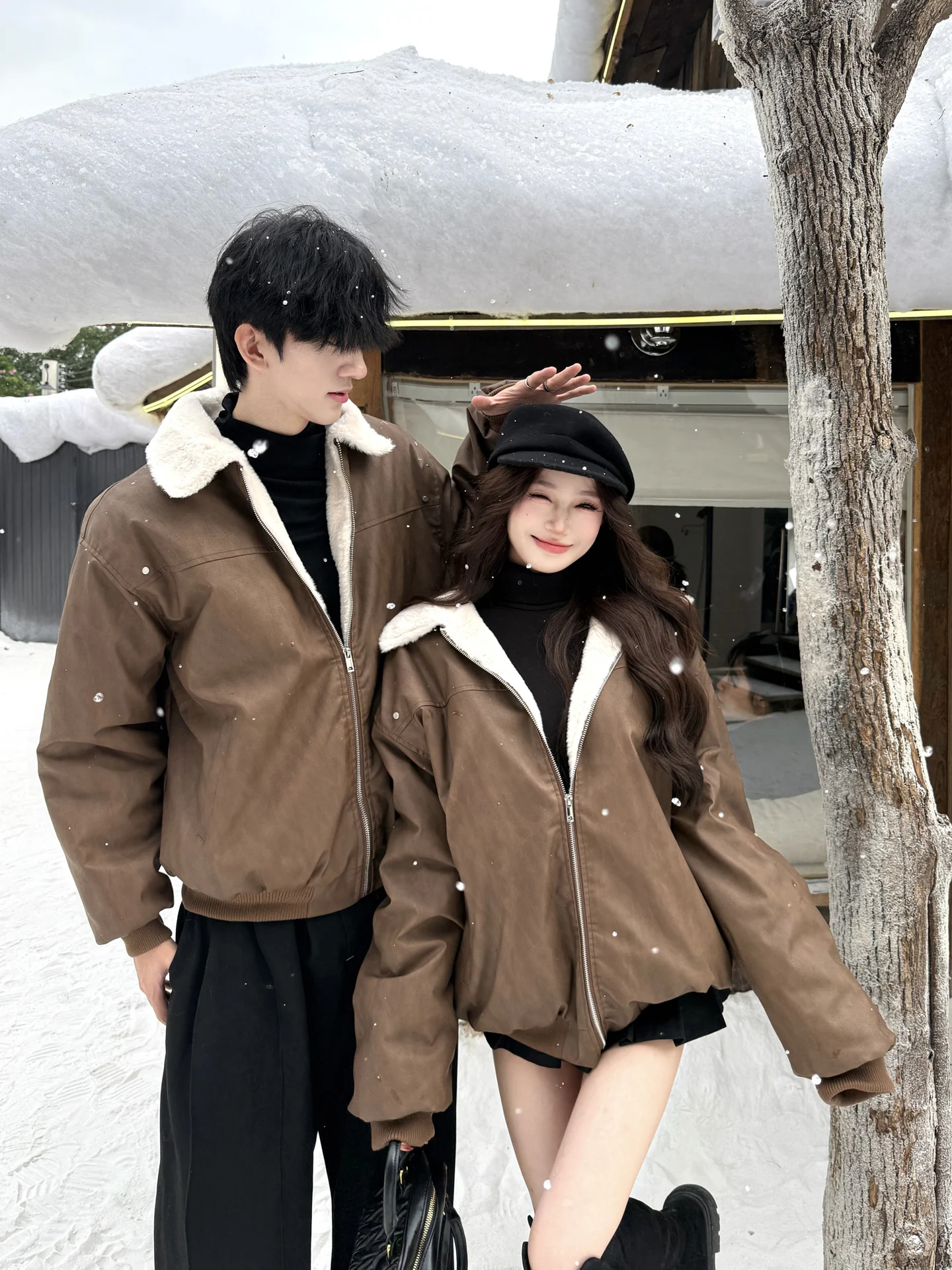 

Couples Matching Thiened Lamb Fur Collar Jaet Cotton Fill Loose Fit Casual Sle for Men And Women Winter Warm Outerwear