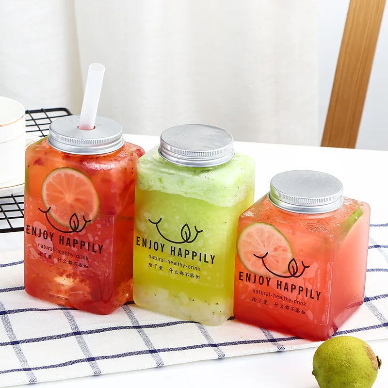 

10Pcs/Set Cute Square Tea Milk Fruit Water Cup 500ml Clear PET Bottles Plastic Drink Bottle Juice Bottle Jar Christmas Bottle