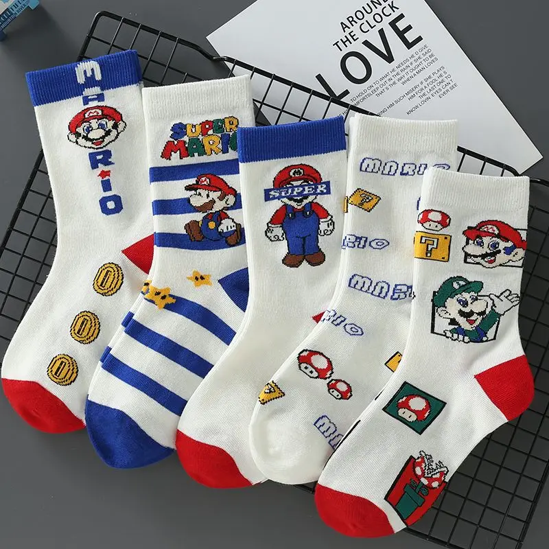 5Pairs Cartoon Mario Cotton Socks Sanrio Girls Breathable Cartoon Cute Women's Long Tube Sock Combed Cotton Women's Socks