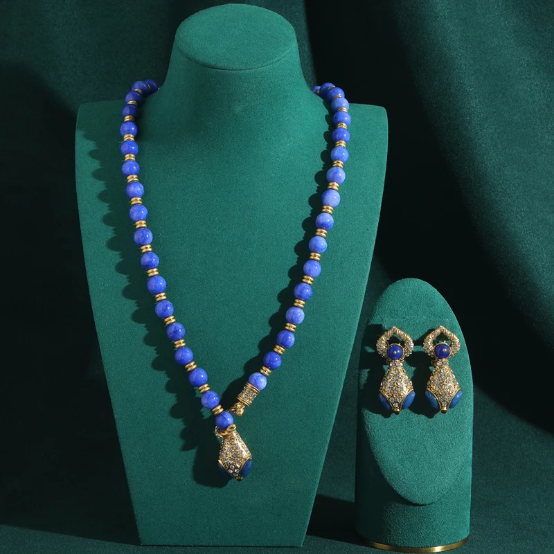 Women Vintage Blue Jewelry Sets Glass Gold Color Beads Pendent Necklace Hollow Geometry Drop Earring New Snake Head Design Party