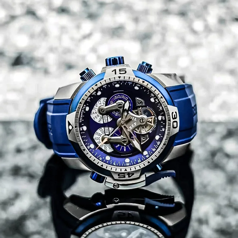 Reef Tiger/RT Montres de sport pour hommes avec cadran complicé Boîtier en or rose Montre militaire automatique avec bracelet en