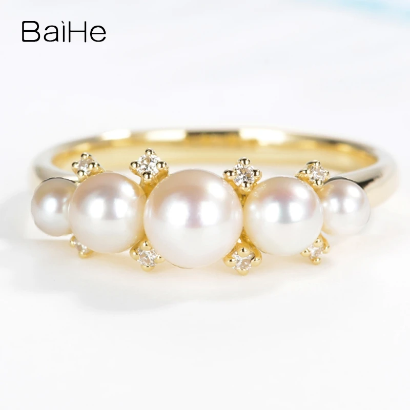 BAIHE Real Solid 14K Yellow Gold Freshwater Pearl Diamond Ring Women Fine Jewelry Making Inel cu perle de apă dulce טבעת פנינה