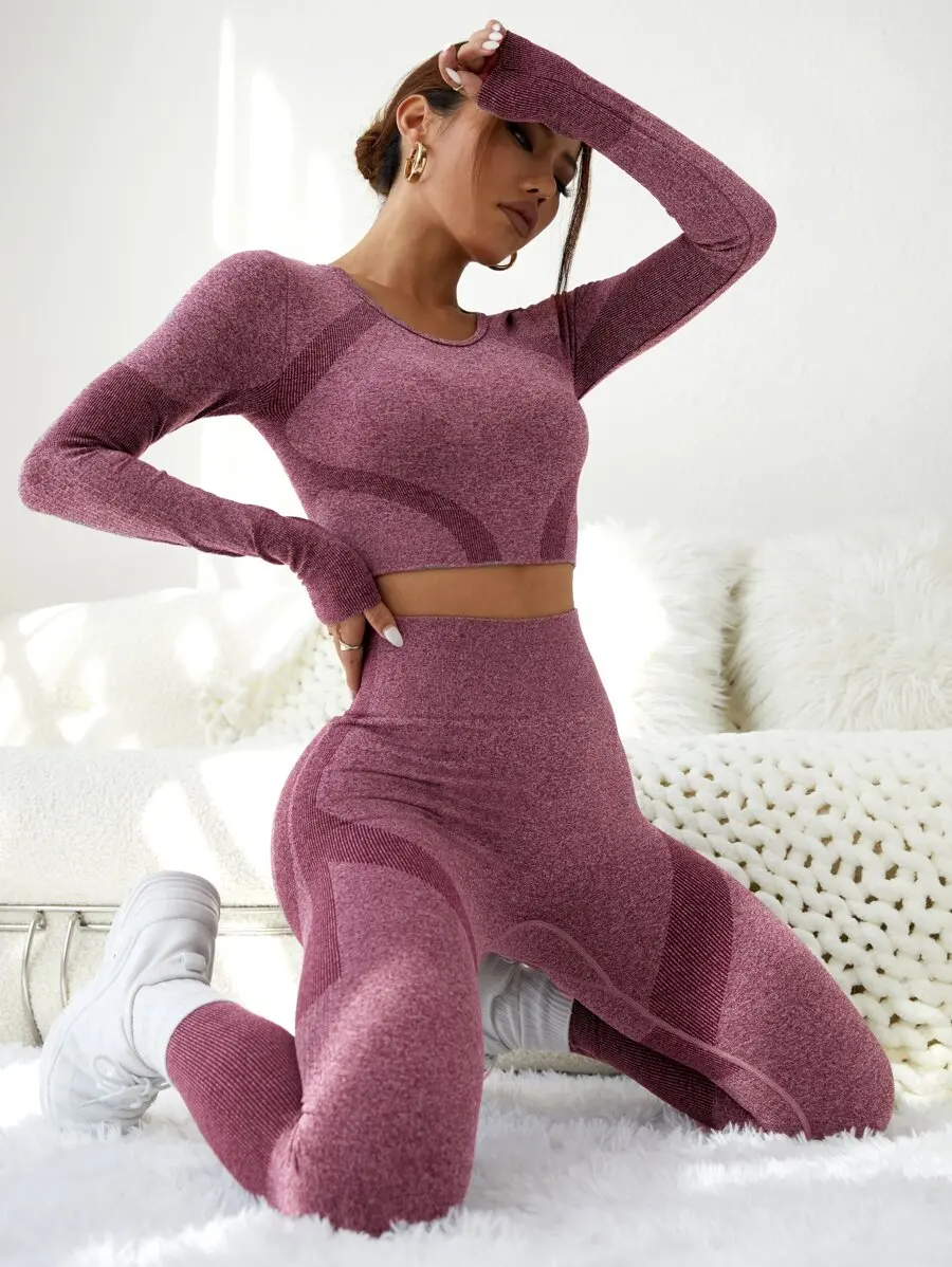 

Seamless Color Block Yoga Set Thumbhole Top And Tummy Control Leggings Workout Women