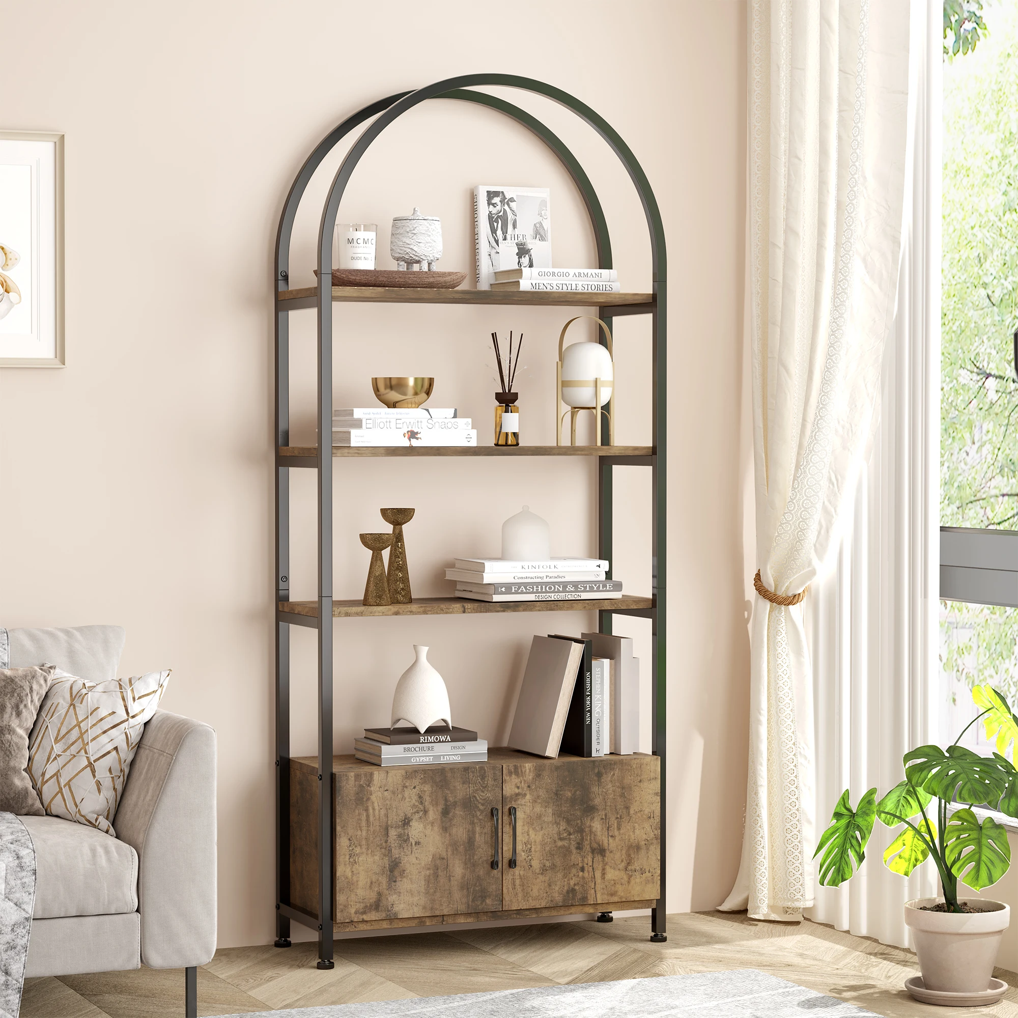 Arched Bookshelf, 4-Tier Bookshelf and Bookcase with Doors Storage, 71.5 Inch Tall Open Bookcase for Living Room Bedroom Office
