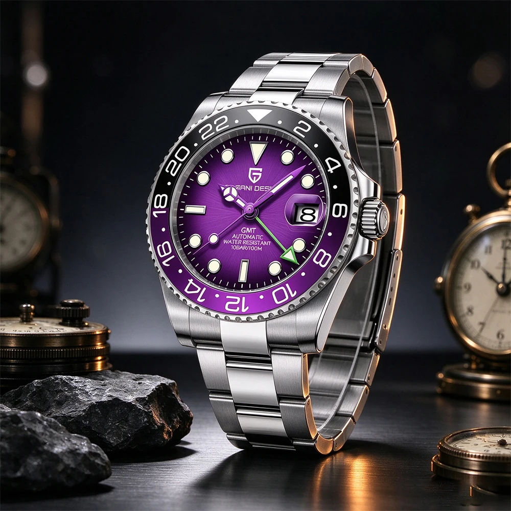 2026 PAGANI DESIGN V2 Black Purple Elegant Low Key Men Mechanical Watch 100M Waterproof Oyster Bracelet Sapphire Glass Stainless Steel Men Automatic Watch Gift Watches