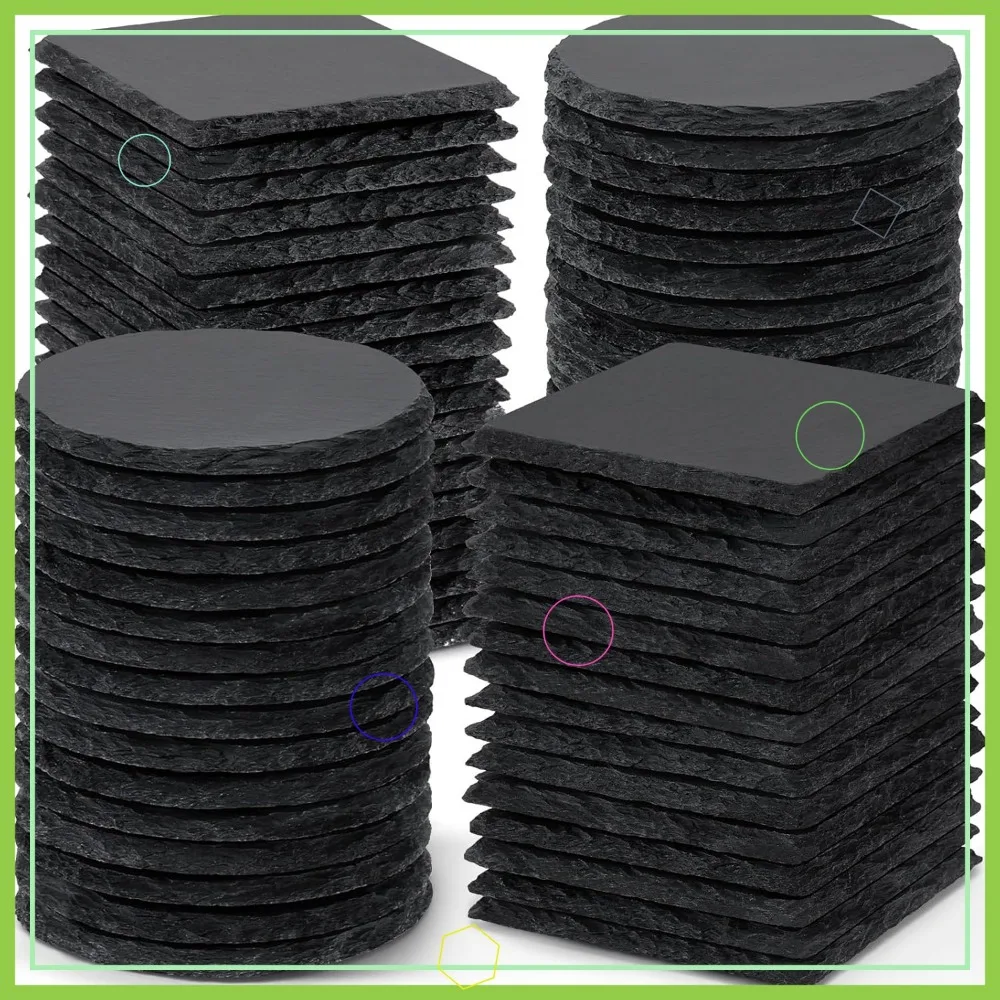 

72 PCS Black Slate Coasters, 4 Inch Square and Round Bulk for Laser Engraving, DIY Gifts, Wedding