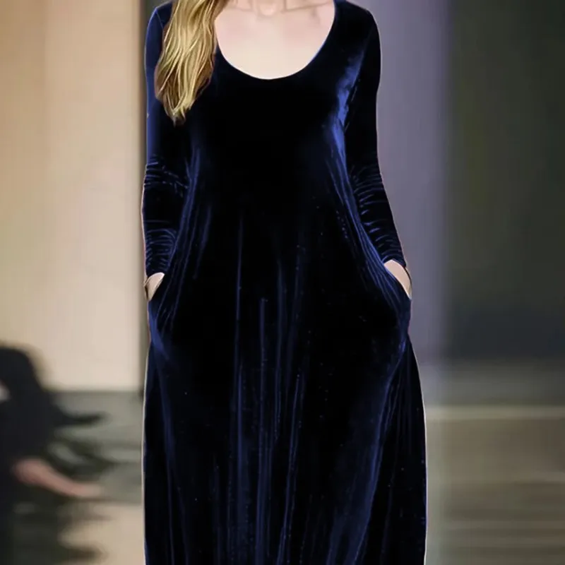 エレガントなベルベットのプロムパーティードレス 女性用 ヴィンテージ マキシドレス 秋冬新作 ゴールドベルベット Oネック 長袖