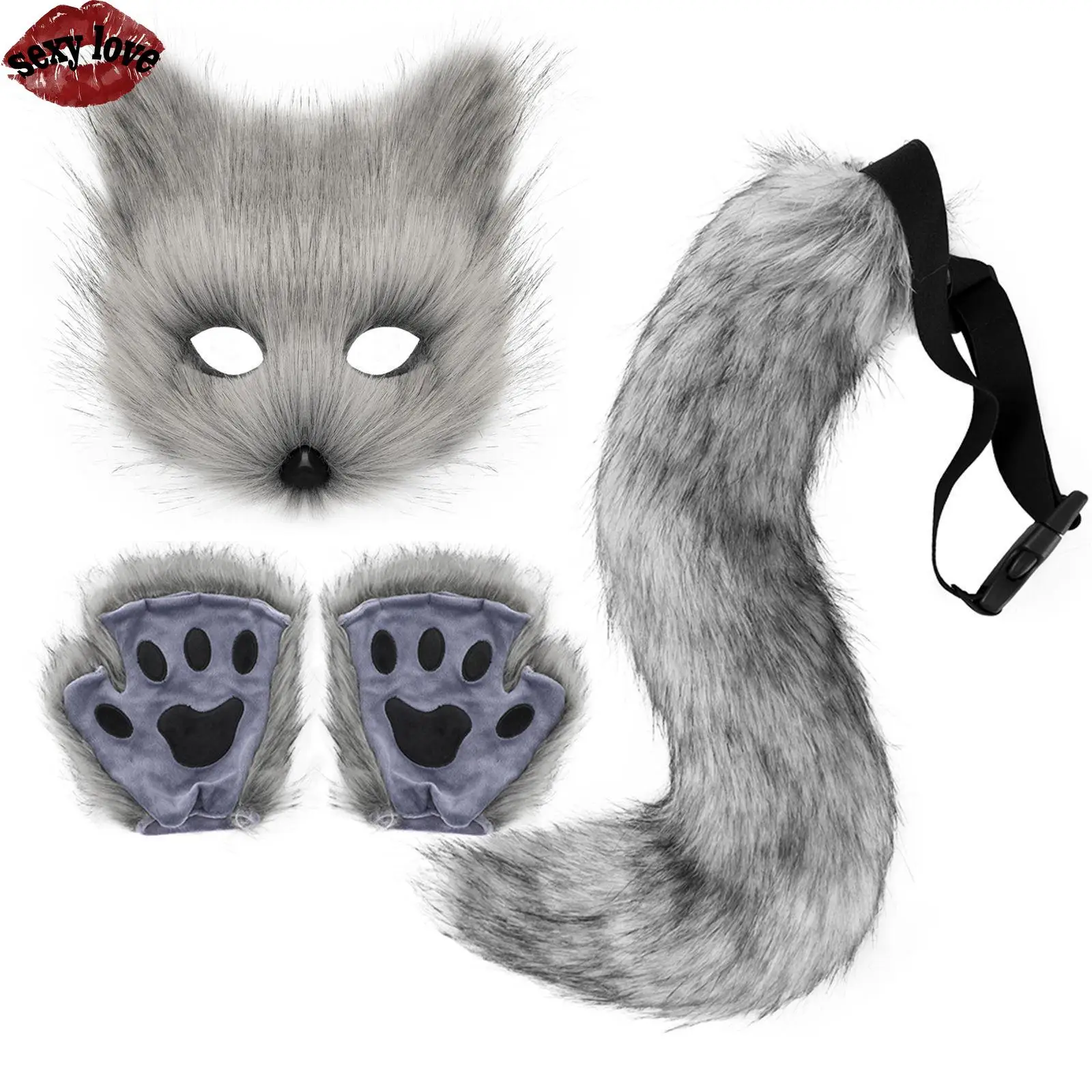 Fashion Festival Cosplay Accessories Halloween Decoration Plush Cat Fox Tail Orc Style Mask Gloves Three Piece Set Cosplay Props