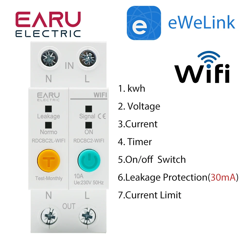 

eWeLink 2P WIFI Circuit Breaker Energy Meter kWh Timer Switch Relay Voltmeter Current Leakage Protection RCCB RCBO Limitter